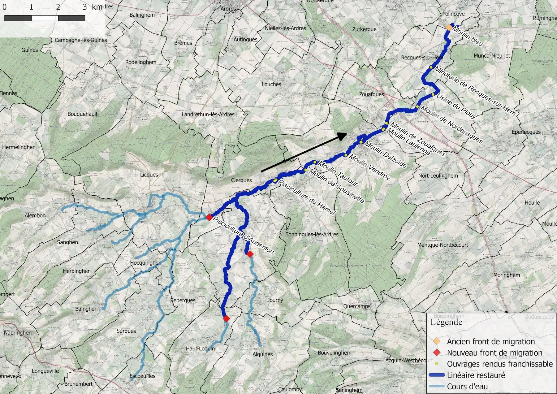 deplacement du front de migration suite aux travaux